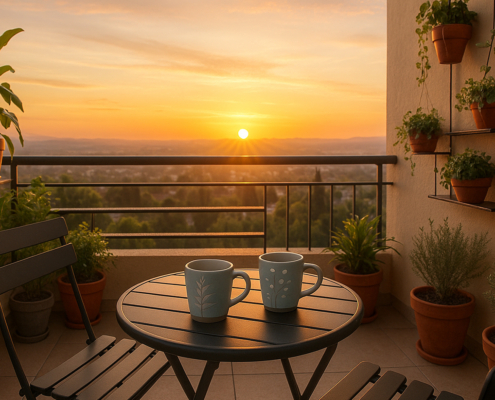 Tazas bonitas Leah sobre una mesita en la terraza al atardecer